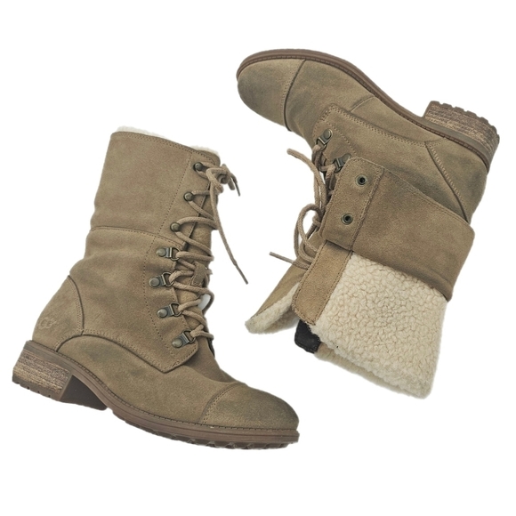Ugg Gradin Womens Tan Suede Leather Lace Up Round Toe Stacked Heel Boots Size 8 - Picture 1 of 12